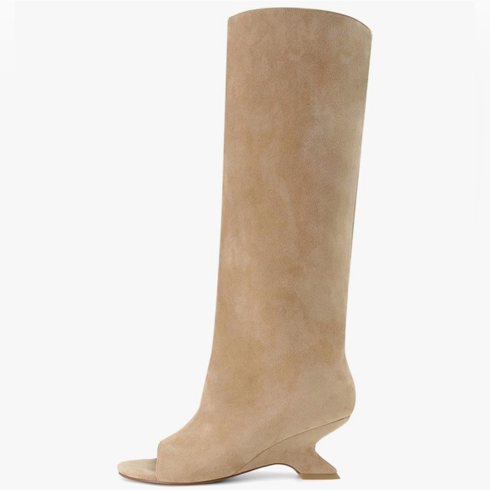 Tan Peep-Toe Knee-High Pull-On Wedge Heel Long Tall Boots - NEW - Picture 4 of 6